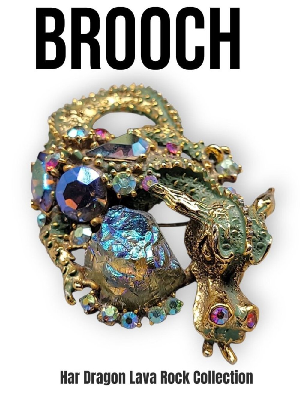 Vtg HAR Dragon Fantasy Lava Rock Demi-Parure 1959 Brooch Bracelet Earrings Set - Picture 3 of 16